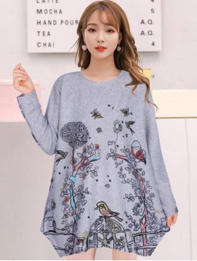 Birds Printed Jersey Knit Fashion Top 